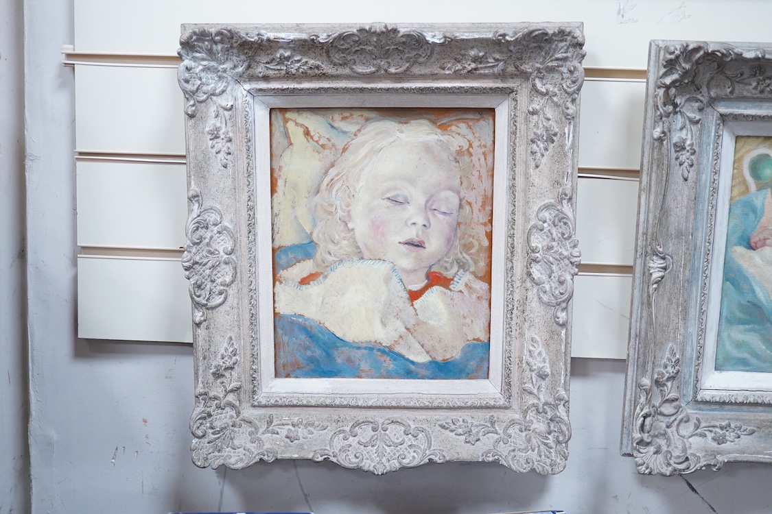 Henry James Neave (1911-1971), Studies of a sleeping child, unsigned, various inscriptions verso, pair of oils on canvas, ornate frames, 24 x 29cm